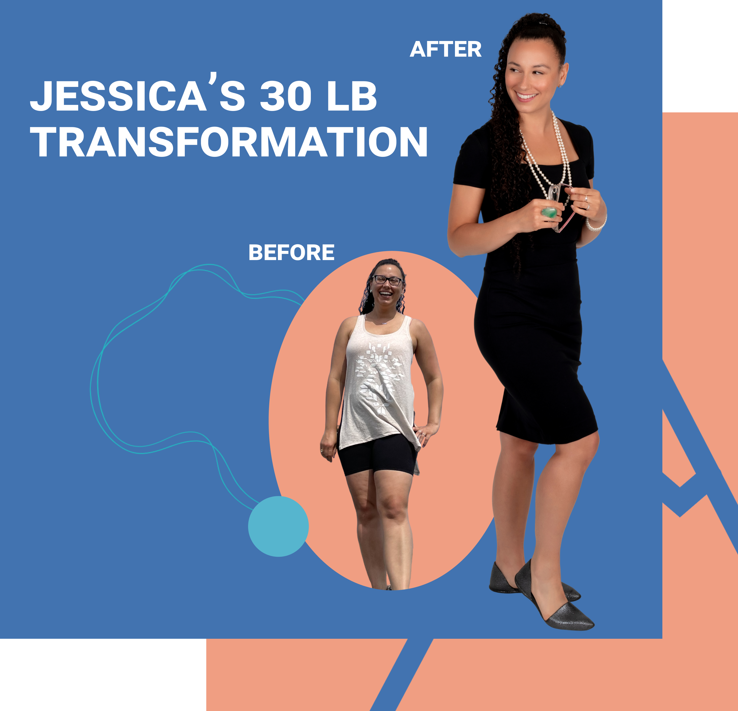 woman standing smiling in a black dress next to a photo of her 30lbs heavier to show weight loss transformation